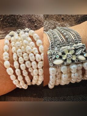 Bracelet Cuff Vintage Baroque Pearl and Rhinestone Multi Strand  Chain  Silver